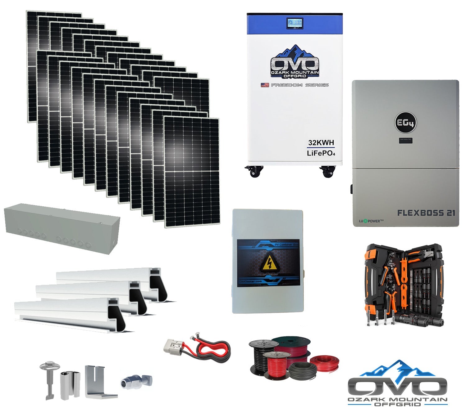 12KW Complete Offgrid Solar Kit + EG4 FlexBOSS21 + 32KW OMO 48V Freedom Series Lithium Battery + 13.2KW Solar with Roof Mounting Rails and Wiring