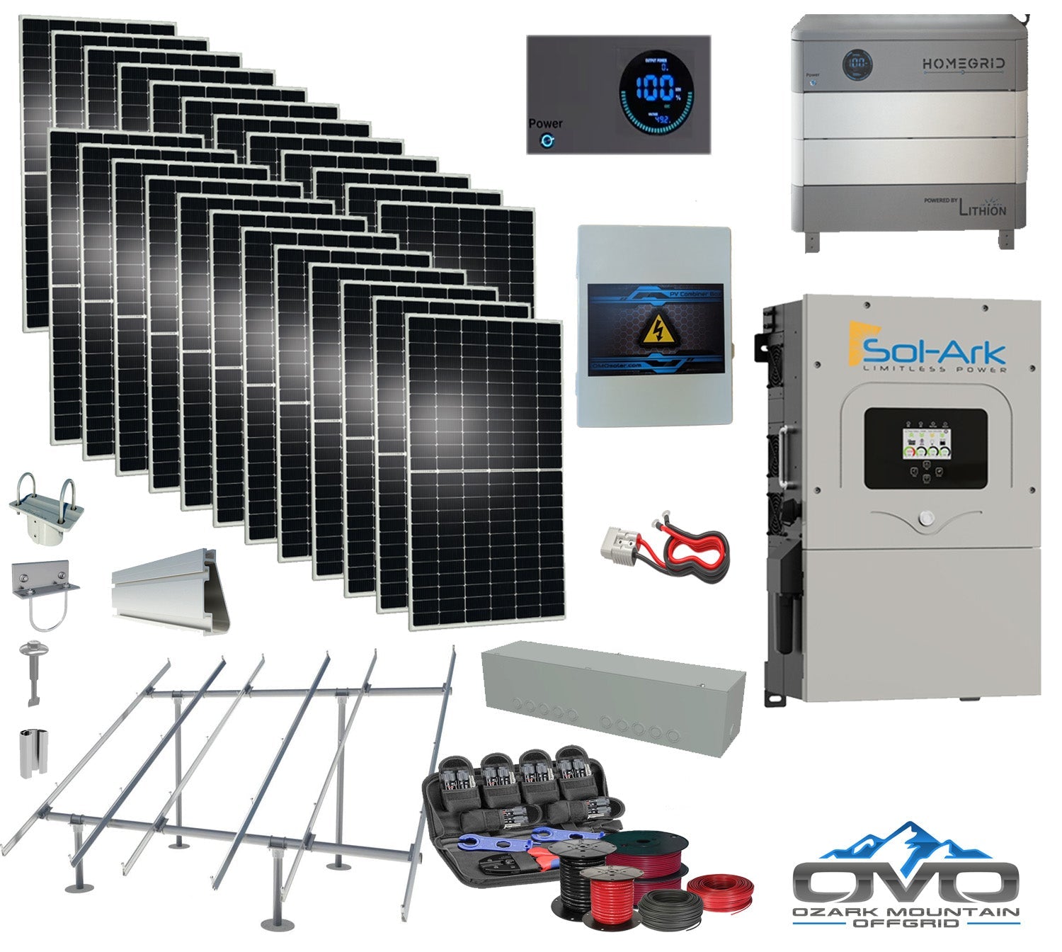 12KW Complete Offgrid Solar Kit - 9.6kWh HOMEGRID Lithium Battery + 15K Sol-Ark Inverter +13.2KW Solar with Ground Mount Rails and Wiring