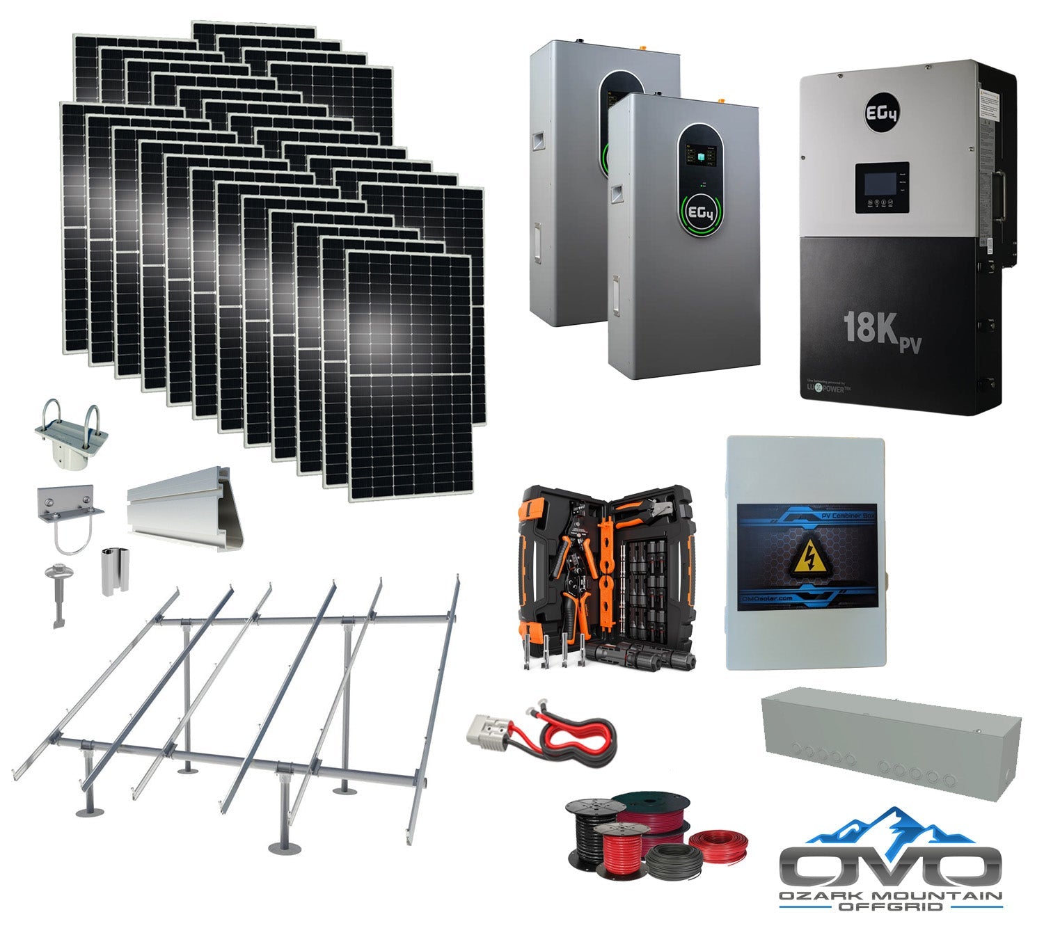 15KW Complete Offgrid Solar Kit + EG4 18kPV +  2x 14.3KW 48V EG4 Lithium Indoor Wall Battery + 15.4KW Solar with Ground Mount and Wiring