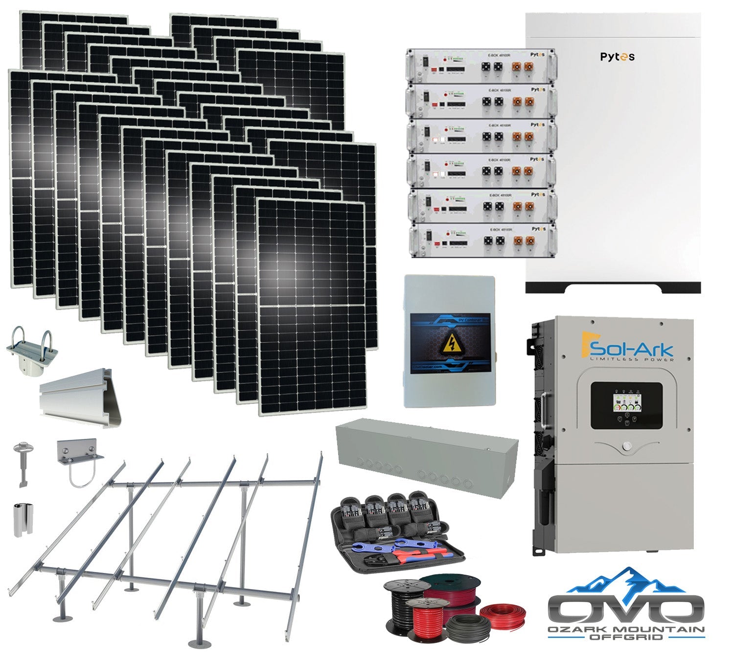 15KW Complete Offgrid Solar Kit - 30.72kWh Pytes Lithium Battery + 15K Sol-Ark Inverter +15.4KW Solar with Ground Mount Rails and Wiring