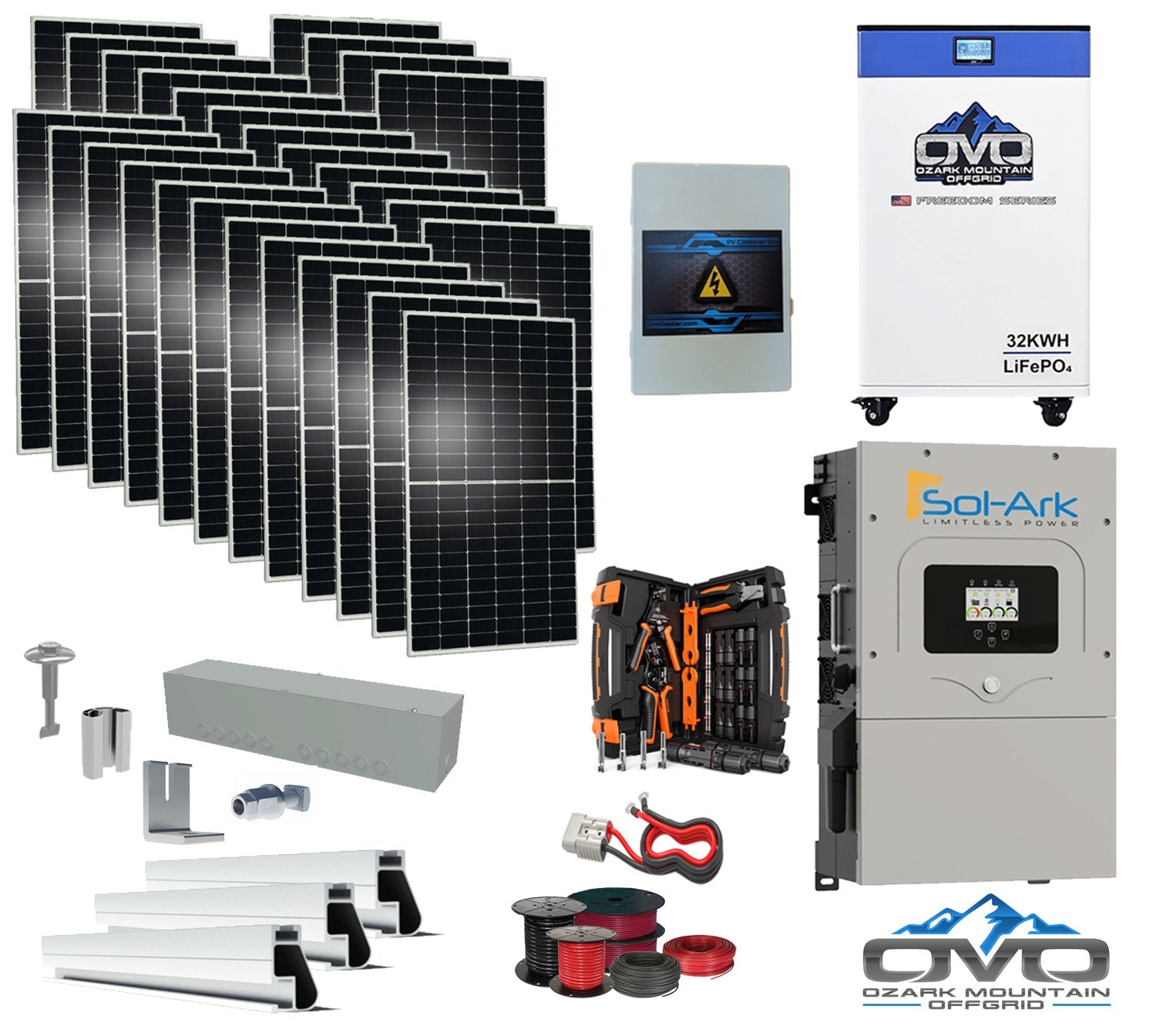 15KW Complete Offgrid Solar Kit - 32kWh OMO 48V Freedom Series Lithium Battery + 15K Sol-Ark Inverter +15.4KW Solar with Mounting Rails and Wiring