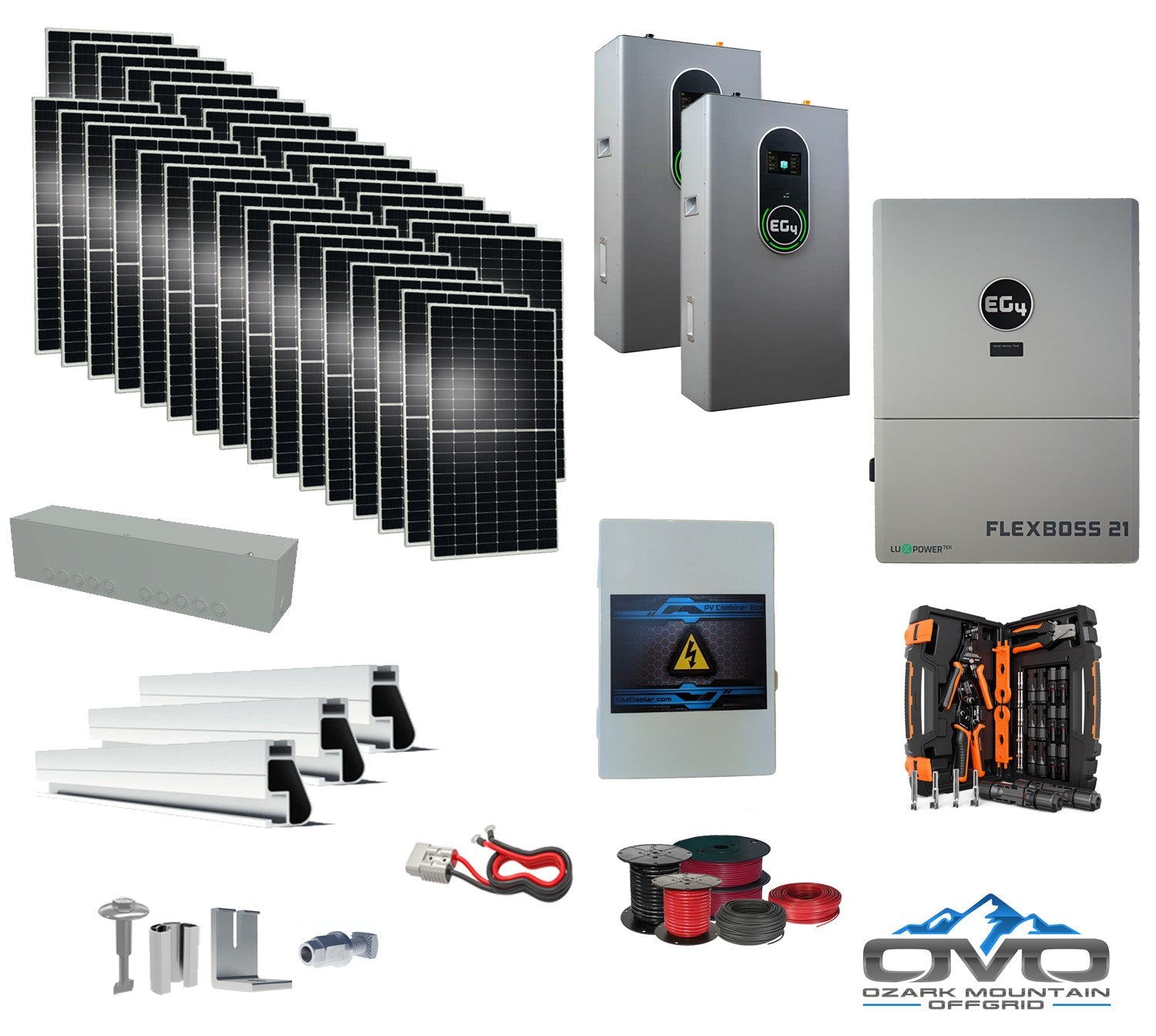 17KW Complete Offgrid Solar Kit + EG4 FlexBOSS21 + 2x 14.3KW 48V EG4 Lithium Indoor Wall Battery + 17.6KW Solar with Roof Mounting Rails and Wiring