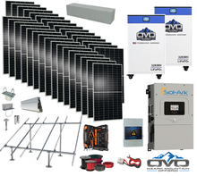 Load image into Gallery viewer, 17KW Complete Offgrid Solar Kit - 2x 32kWh OMO 48V Freedom Series Lithium Battery + 15K Sol-Ark Inverter +17.6KW Solar with Ground Mount and Wiring