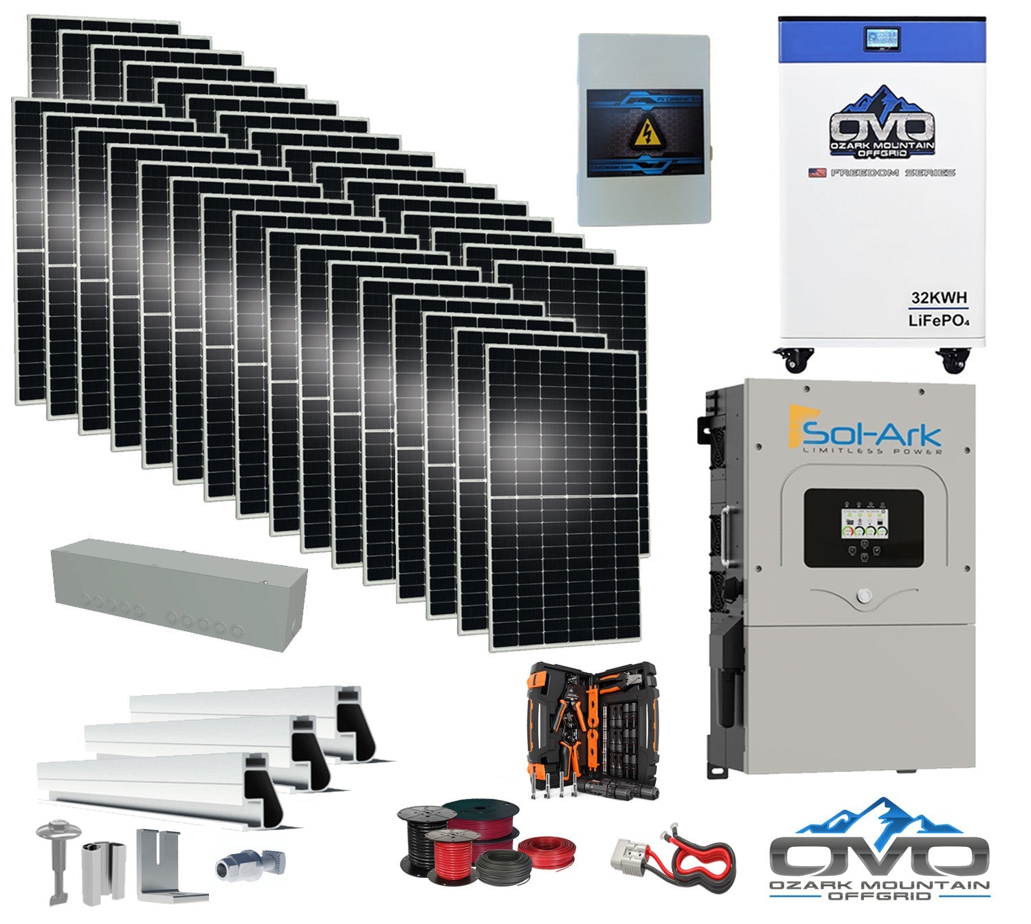 17KW Complete Offgrid Solar Kit - 32kWh OMO 48V Freedom Series Lithium Battery + 15K Sol-Ark Inverter + 17.6KW Solar with Mounting Rails and Wiring