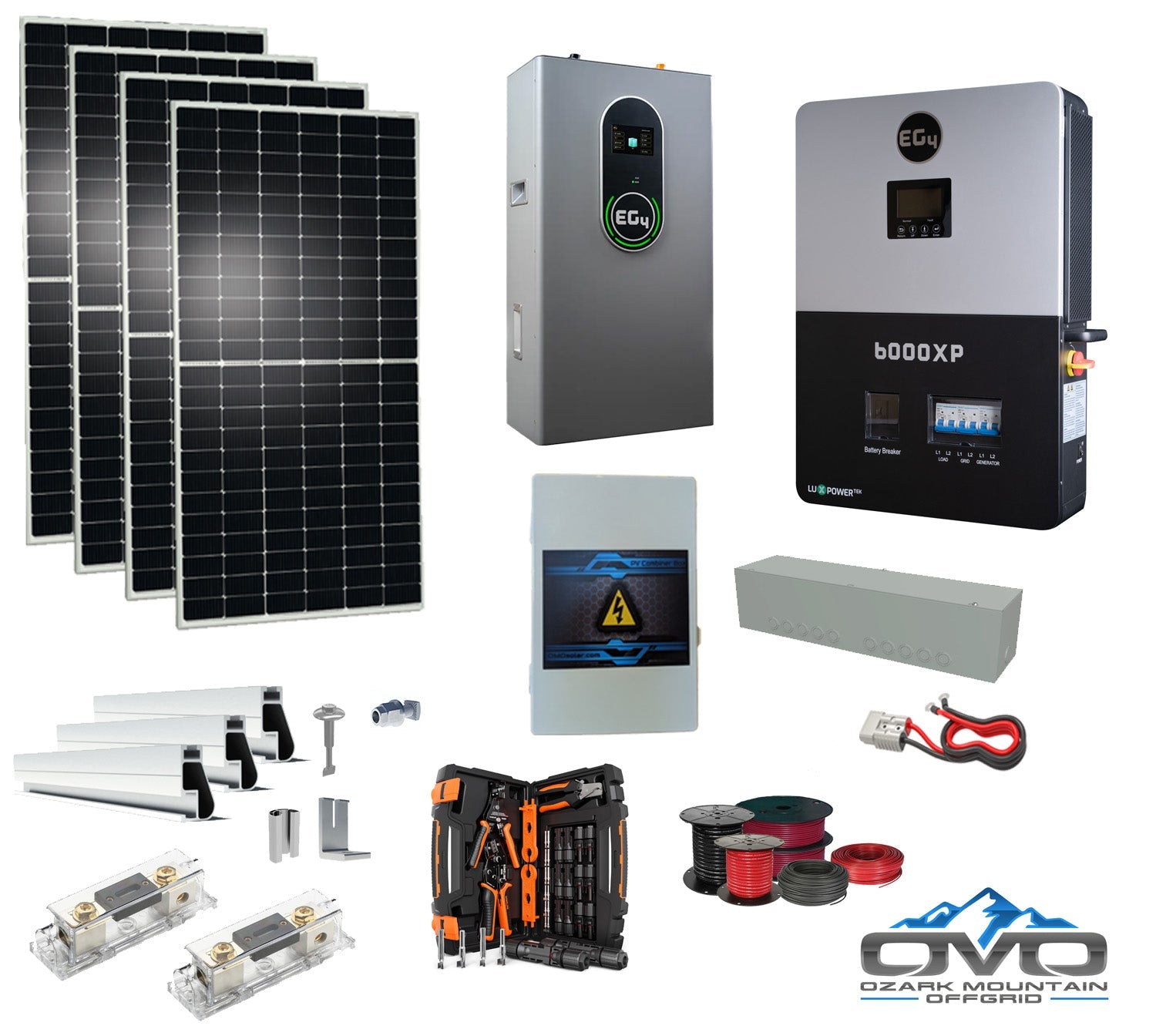 2.2KW Complete Offgrid Solar Kit + 6K EG4 6000XP Inverter + 14.3KW 48V EG4 Lithium Indoor Wall Battery + 2.2KW Solar with Roof Mounting Rails and Wiring