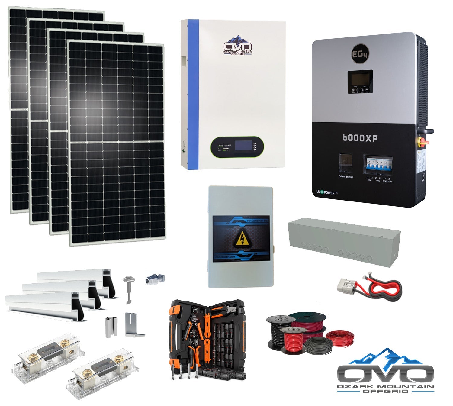 2.2KW Complete Offgrid Solar Kit + 6K EG4 6000XP Inverter + 5.12KW OMO 48V Patriot Lithium Battery + 2.2KW Solar with Roof Mounting Rails and Wiring
