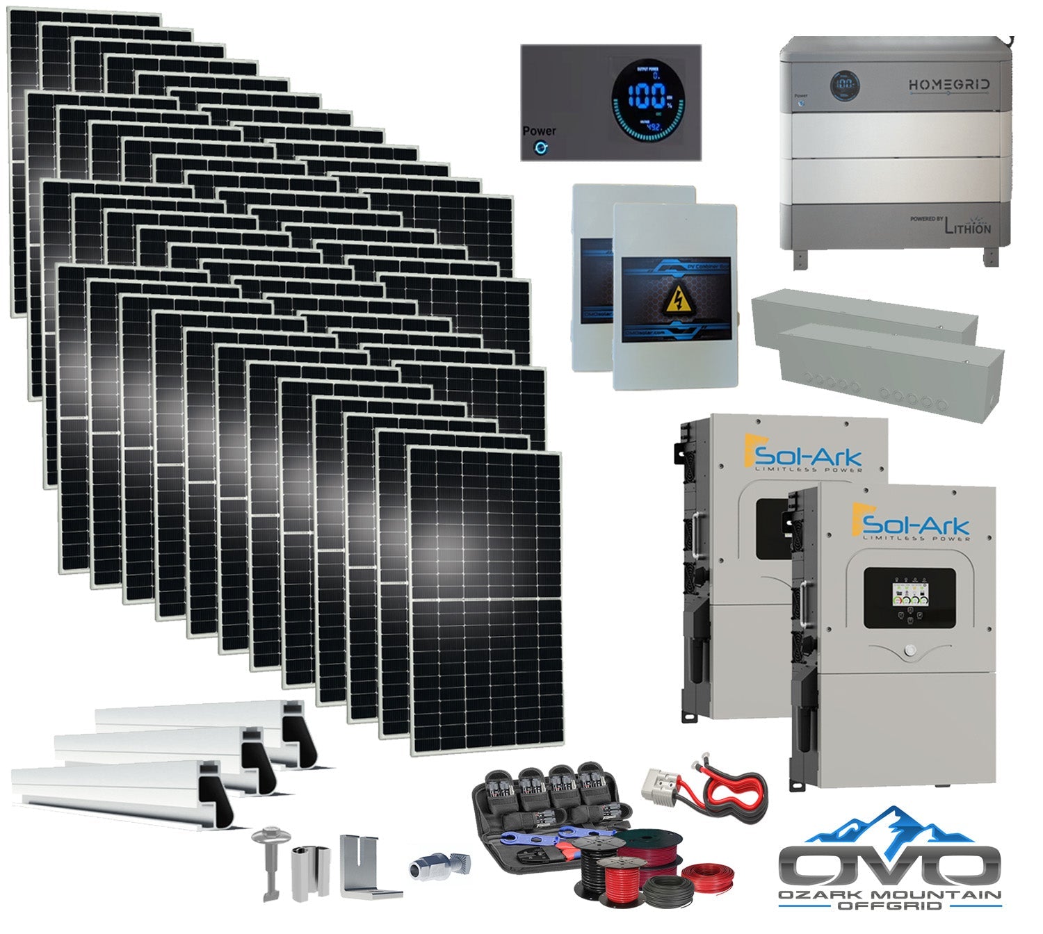 25KW Complete Offgrid Solar Kit - Homegrid 9.6kWh Lithium Battery + 2x15K Sol-Ark Inverter +26.4KW Solar with Mounting Rails and Wiring