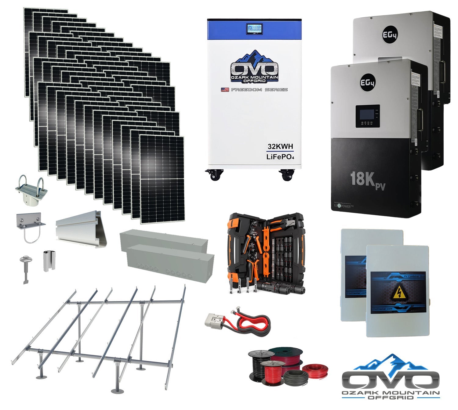 25KW Complete Offgrid Solar Kit + EG4 18kPV + 32KW OMO 48V Freedom Series Lithium Battery + 26.4KW Solar with Ground Mount and Wiring