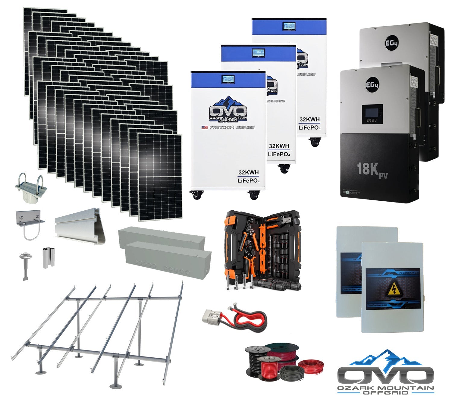 25KW Complete Offgrid Solar Kit + EG4 18kPV + 3x 32KW OMO 48V Freedom Series Lithium Battery + 26.4KW Solar with Ground Mount and Wiring
