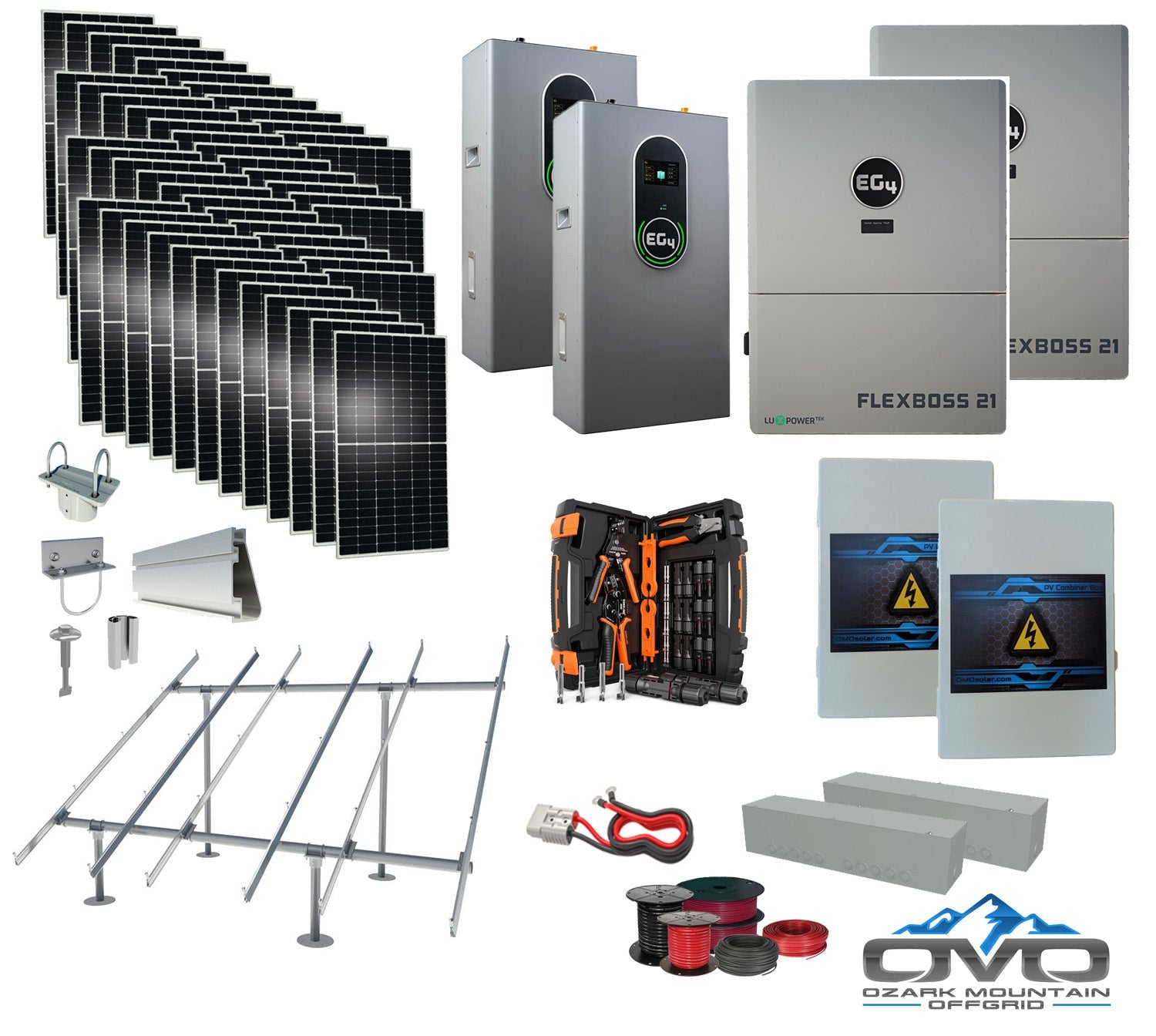 25KW Complete Offgrid Solar Kit + EG4 FlexBOSS21 +  2x 14.3KW 48V EG4 Lithium Indoor Wall Battery + 26.4KW Solar with Ground Mount and Wiring