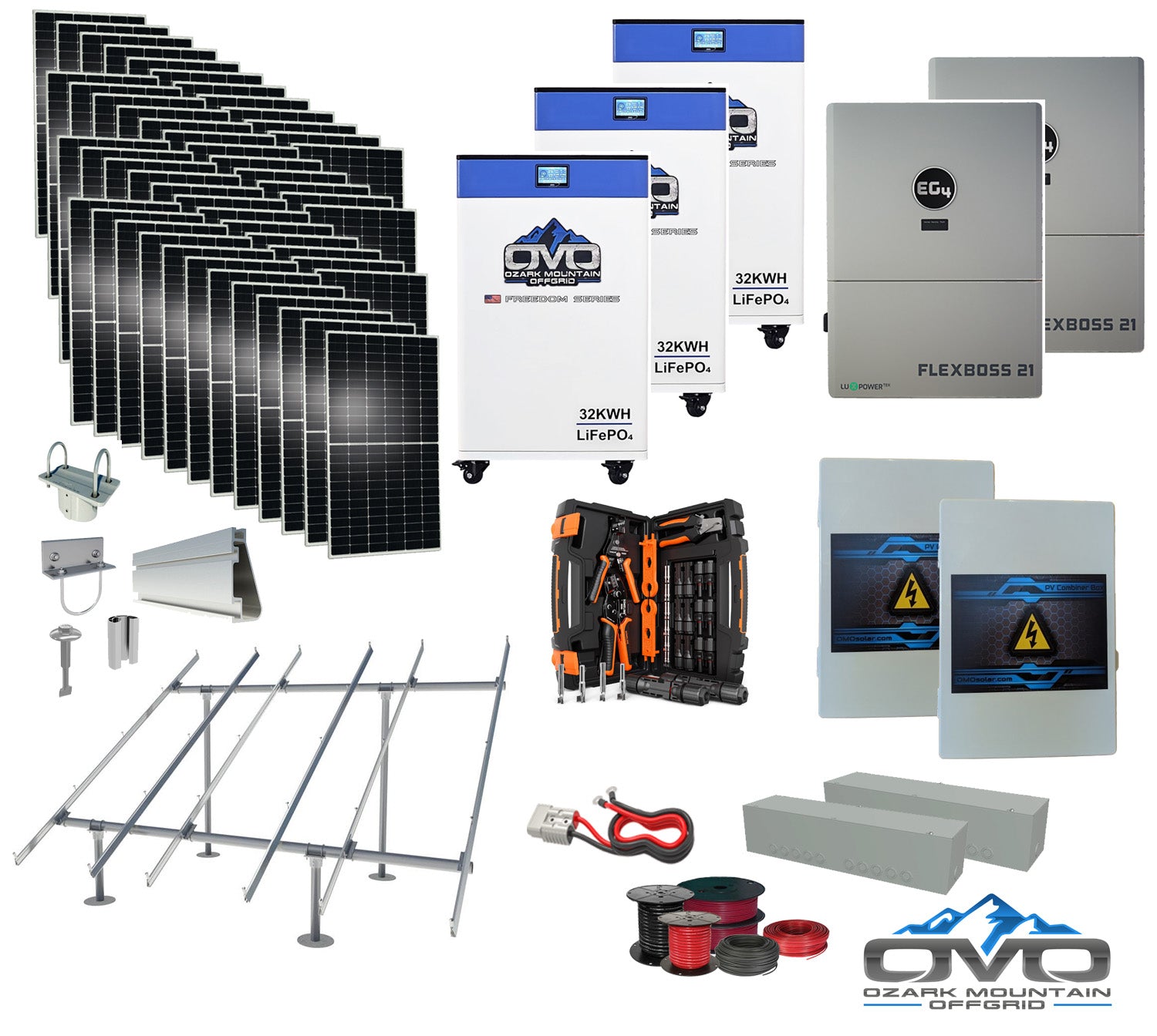 25KW Complete Offgrid Solar Kit + EG4 FlexBOSS21 + 3x 32KW OMO 48V Freedom Series Lithium Battery + 26.4KW Solar with Ground Mount and Wiring