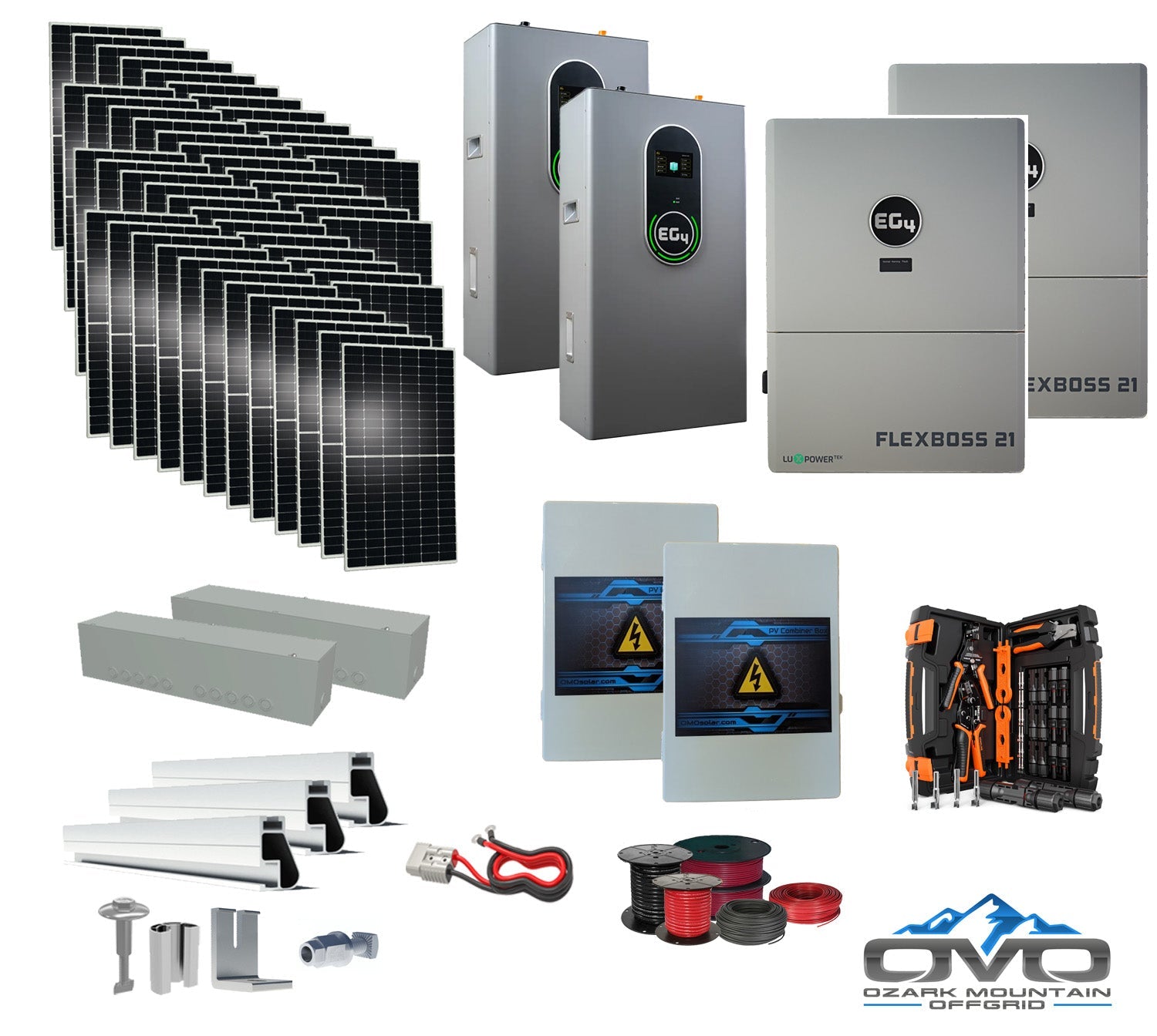 25KW Complete Offgrid Solar Kit + EG4 FlexBOSS21 + 2x 14.3KW 48V EG4 Lithium Indoor Wall Battery + 26.4KW Solar with Roof Mounting Rails and Wiring