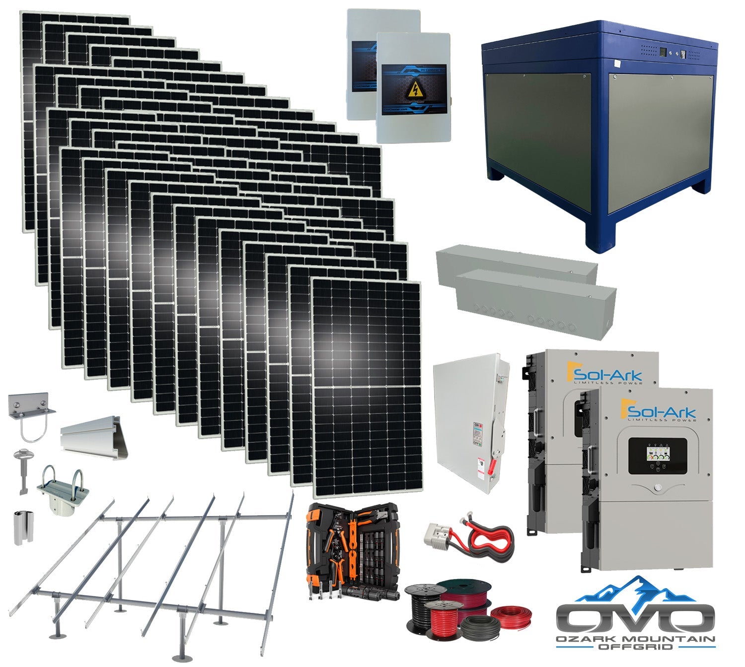 25KW Complete Offgrid Solar Kit - 62kWh Lithium Battery + 2x15K Sol-Ark Inverter +26.4KW Solar with Ground Mount and Wiring