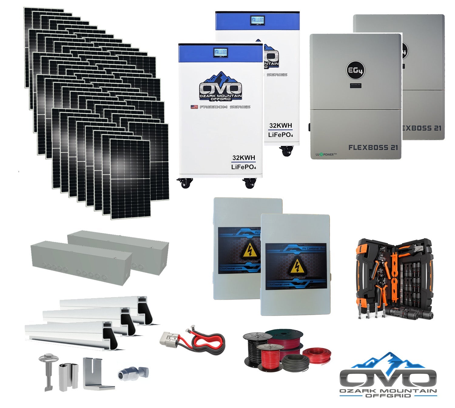 30KW Complete Offgrid Solar Kit + EG4 FlexBOSS21 + 2x 32KW OMO 48V Freedom Series Lithium Battery + 30.8KW Solar with Roof Mounting Rails and Wiring