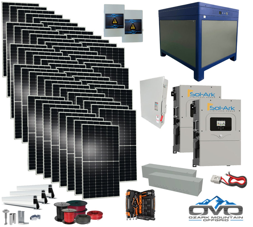 30KW Complete Offgrid Solar Kit + 2x 15K Sol-Ark Inverter + 62kWh Lithium Battery +30.8KW Solar with Roof Mount and Wiring