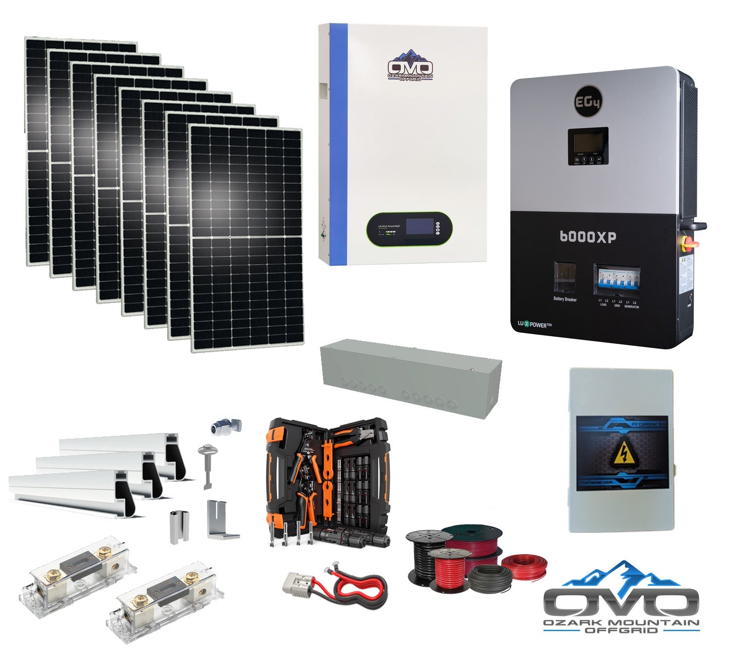 4.4KW Complete Offgrid Solar Kit + 6K EG4 6000XP Inverter + 5.12KW OMO 48V Patriot Lithium Battery + 4.4KW Solar with Roof Mounting Rails and Wiring