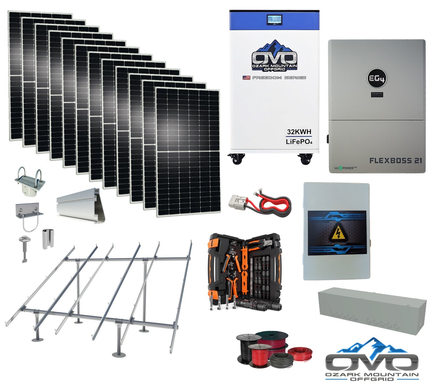 6KW Complete Offgrid Solar Kit + EG4 FlexBOSS21 Inverter + 32KW OMO 48V Freedom Series Lithium Battery + 6.6KW Solar with Ground Mount and Wiring