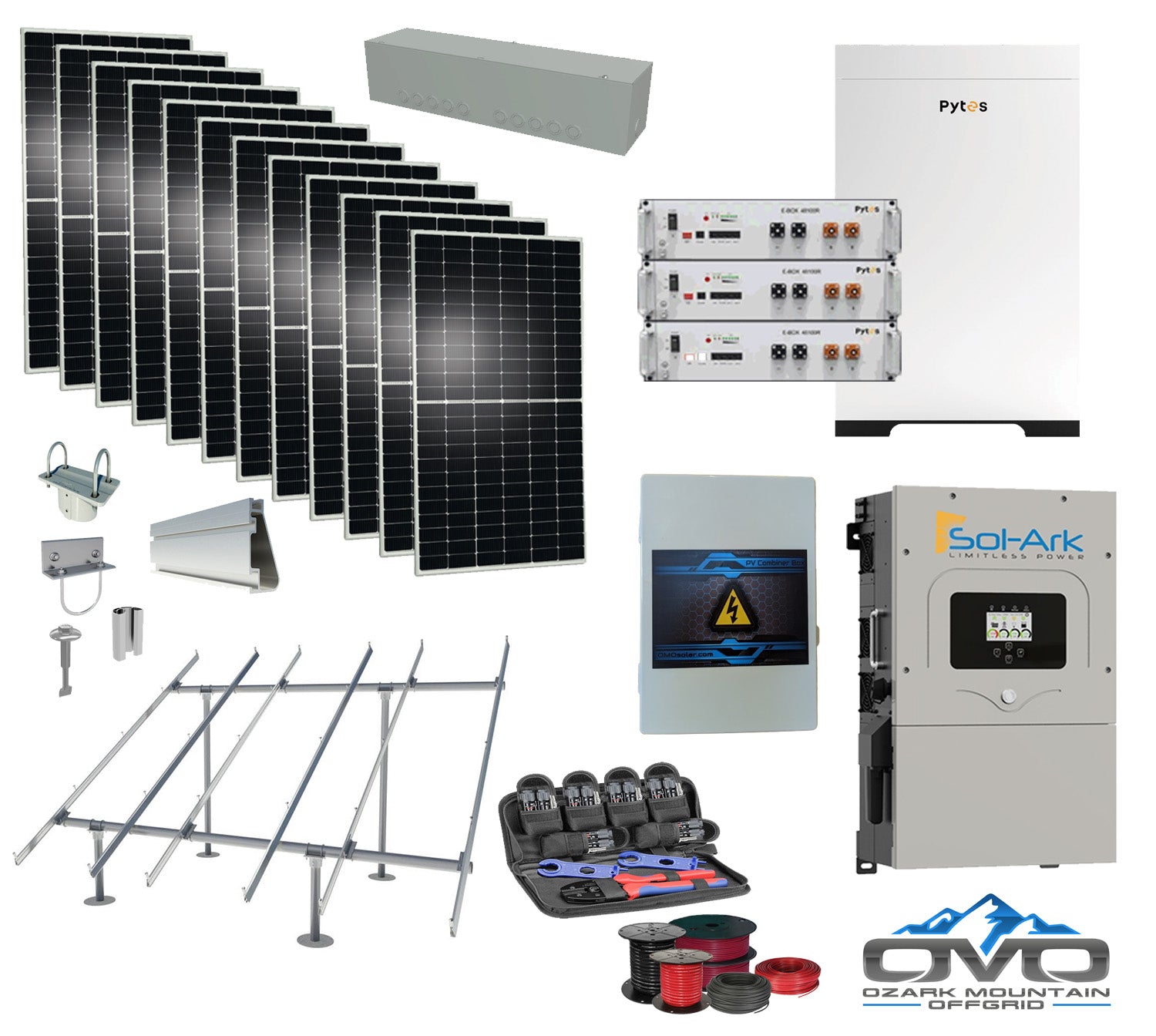 6KW Complete Offgrid Solar Kit - 15.36kWh Pytes Lithium Battery + 15K Sol-Ark Inverter +6.6KW Solar with Ground Mount Rails and Wiring