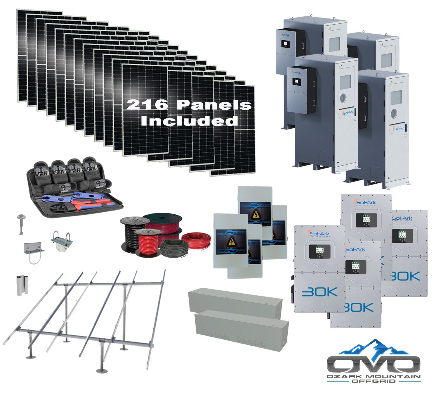 Commercial 120KW Solar Array - 3 Phase 208V Solar Kit + 4x 30K 208V Sol-Ark Inverter + 4x 60KW Sol-Ark OUTDOOR Lithium Battery +118.8KW Solar with Ground Mount and Wiring