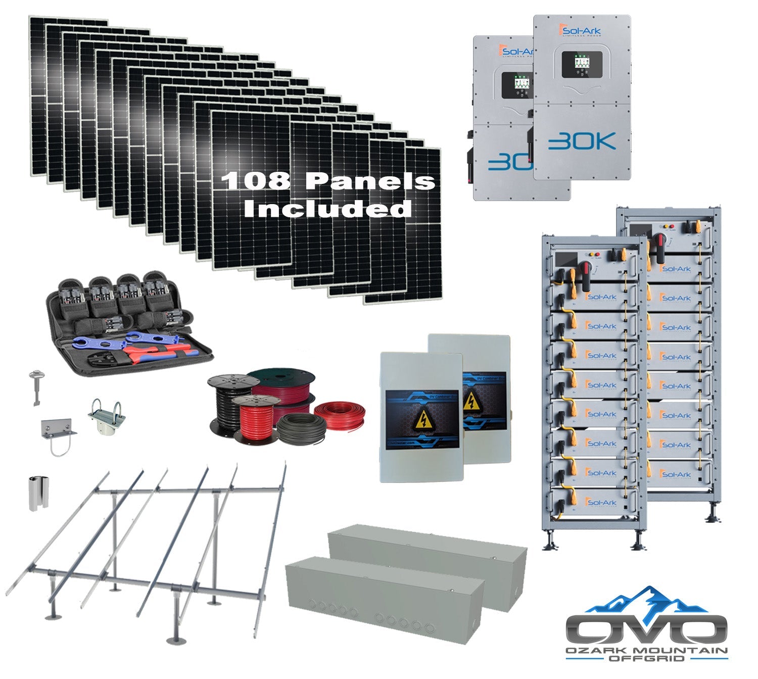 Commercial 60KW Solar Array - 3 Phase 208V Solar Kit + 2x 30K 208V Sol-Ark Inverter + 2x 40KW Sol-Ark INDOOR Lithium Battery +59.4KW Solar with Ground Mount and Wiring