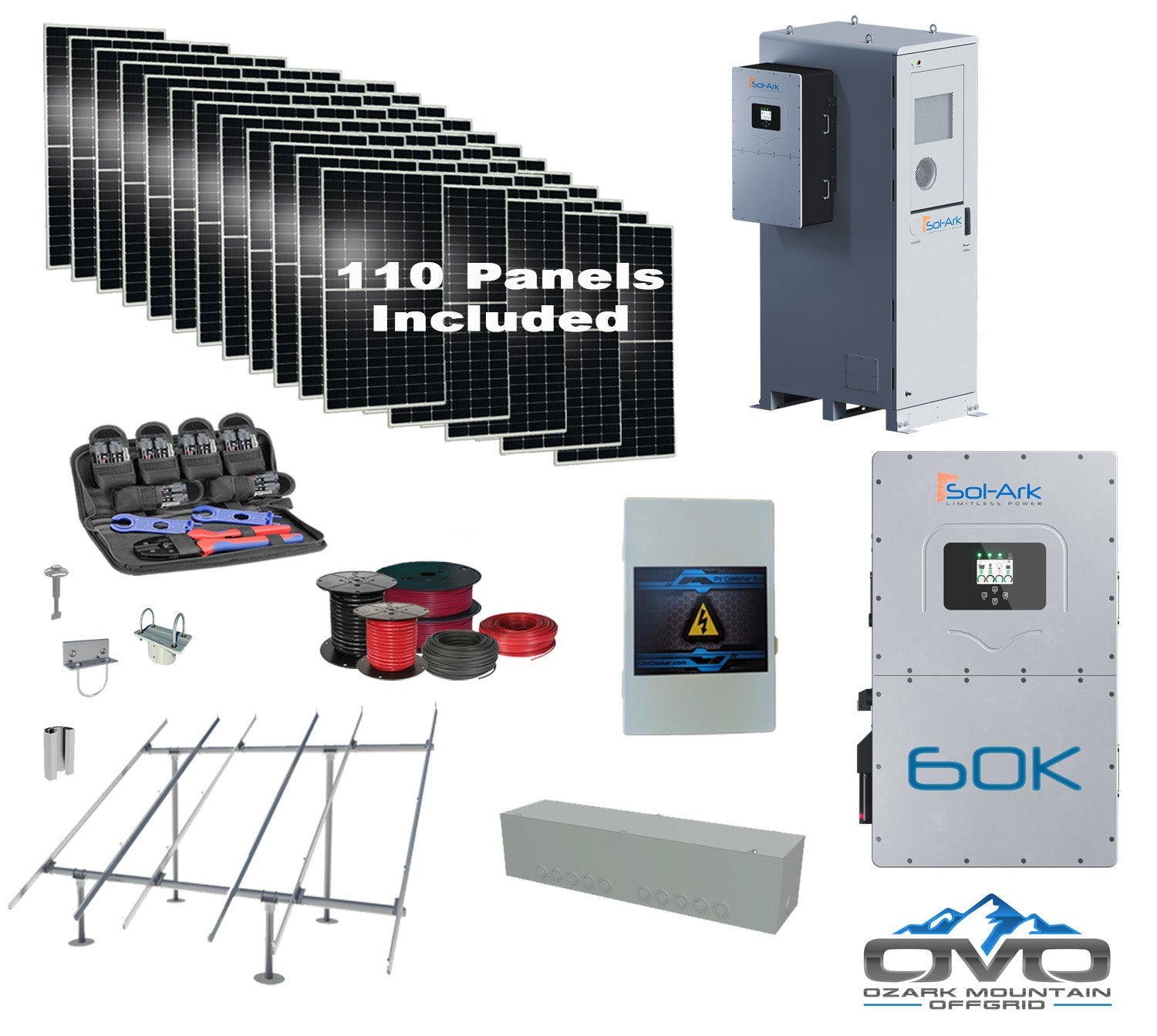 Commercial 60KW Solar Array - 3 Phase 480V Solar Kit + 60K 480V Sol-Ark Inverter + 60KW Sol-Ark OUTDOOR Lithium Battery +60.5KW Solar with Ground Mount and Wiring