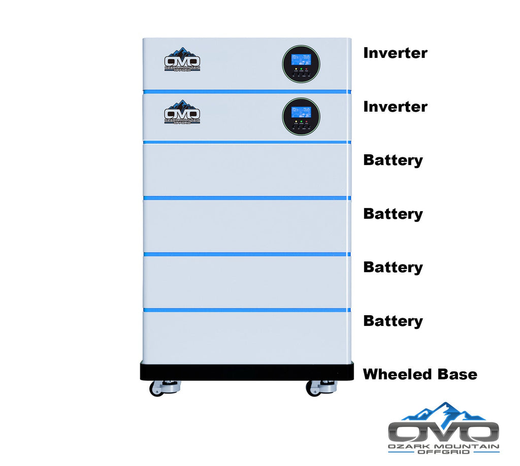 4.4KW OMO All-In-One Customizable Stacking Inverter/Battery System 120/240 11000W Total Inverter Output + 20.48K Lithium Battery + 4.4KW Solar Roof Mount