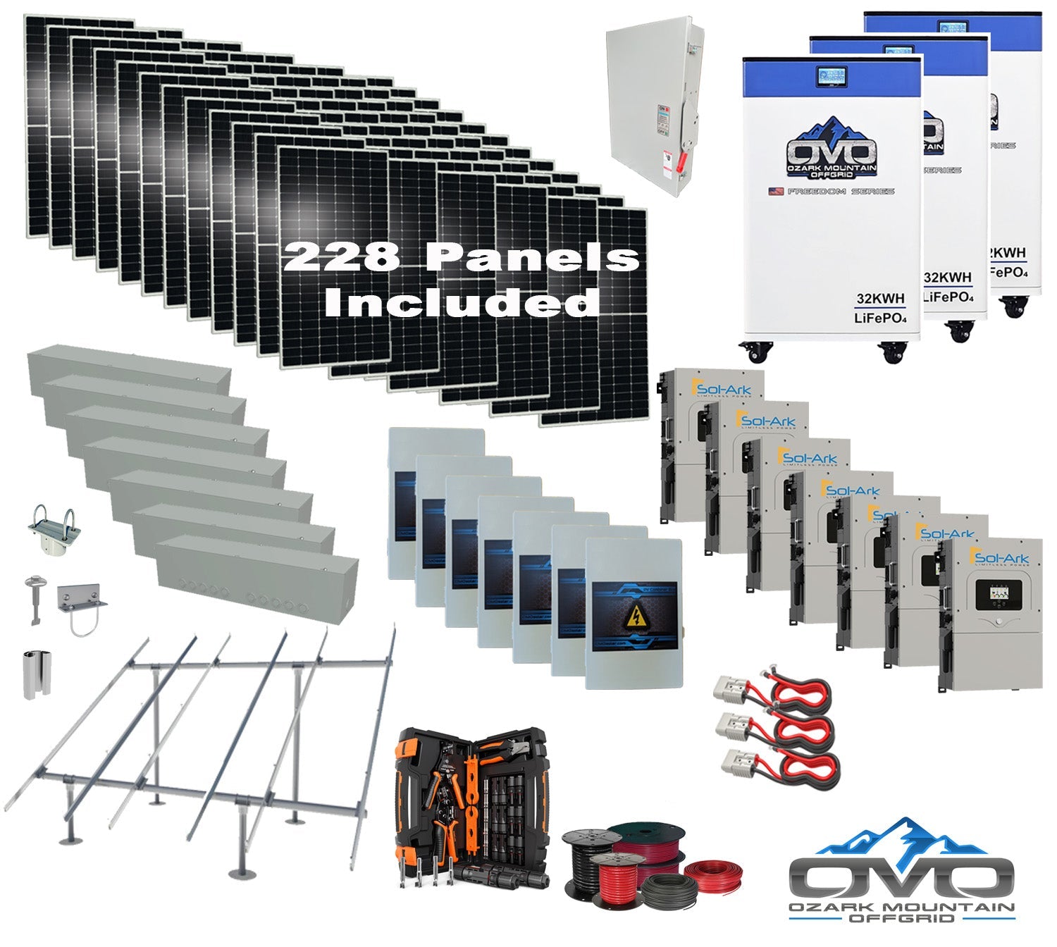 125KW Complete Offgrid Solar Kit + 7x 15K Sol-Ark Inverter + 3x 32kWh OMO 48V Freedom Series Lithium Battery +125.4KW Solar with Ground Mount and Wiring
