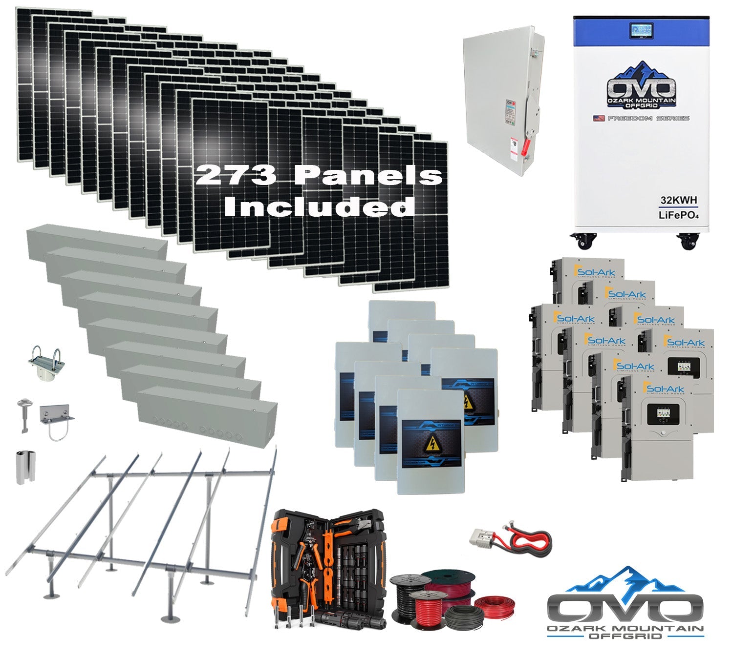 150KW Complete Offgrid Solar Kit + 8x 15K Sol-Ark Inverter + 32kWh OMO 48V Freedom Series Lithium Battery +150.15KW Solar with Ground Mount and Wiring