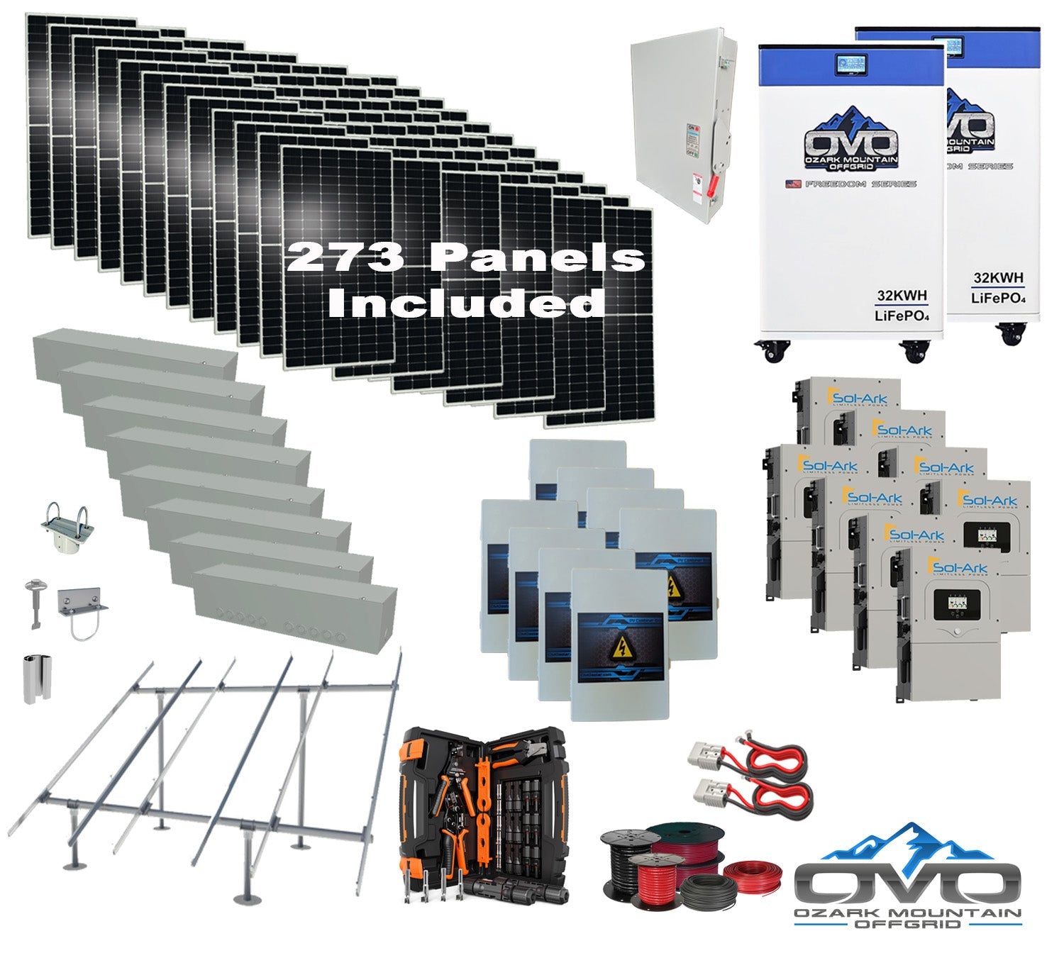 150KW Complete Offgrid Solar Kit + 8x 15K Sol-Ark Inverter + 2x 32kWh OMO 48V Freedom Series Lithium Battery +150.15KW Solar with Ground Mount and Wiring