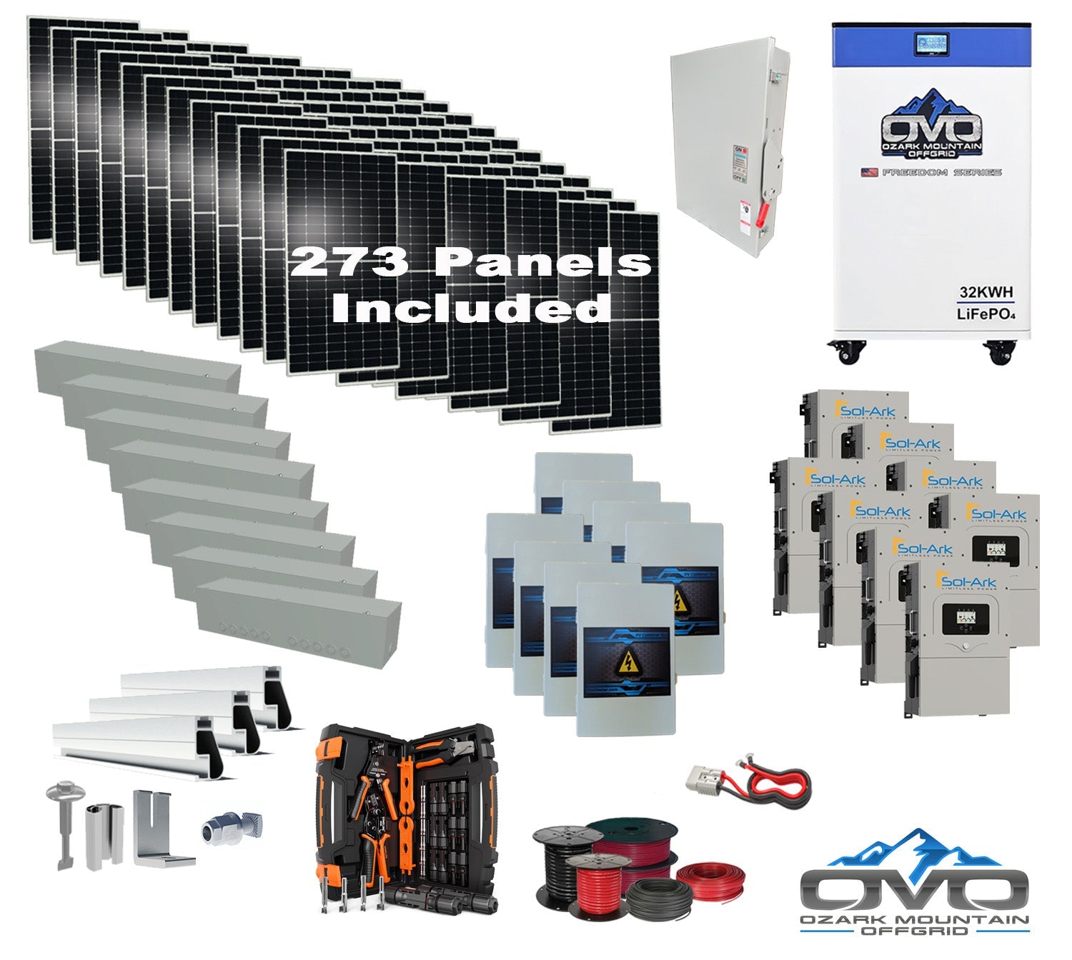 150KW Complete Offgrid Solar Kit + 8x 15K Sol-Ark Inverter + 32kWh OMO 48V Freedom Series Lithium Battery +150.15KW Solar with Roof Mount and Wiring