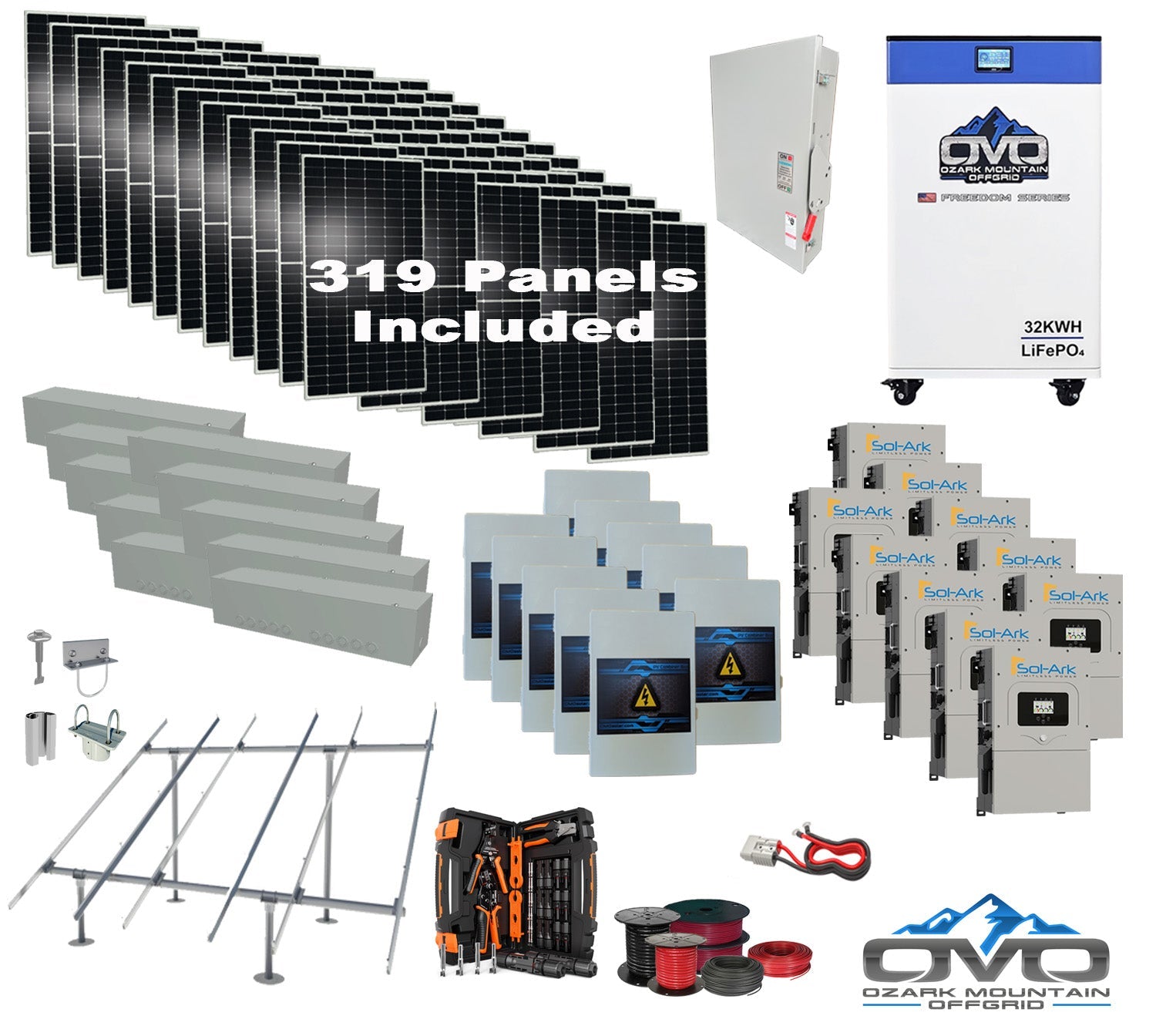 175KW Complete Offgrid Solar Kit + 10x 15K Sol-Ark Inverter + 32kWh OMO 48V Freedom Series Lithium Battery +175.45KW Solar with Ground Mount and Wiring