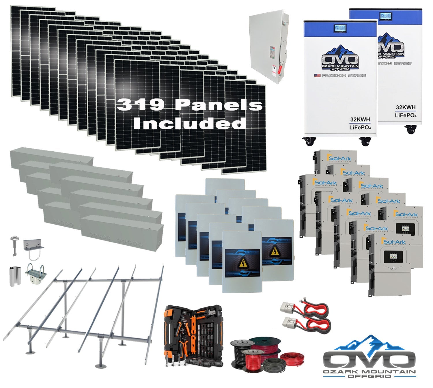 175KW Complete Offgrid Solar Kit + 10x 15K Sol-Ark Inverter + 2x 32kWh OMO 48V Freedom Series Lithium Battery +175.45KW Solar with Ground Mount and Wiring