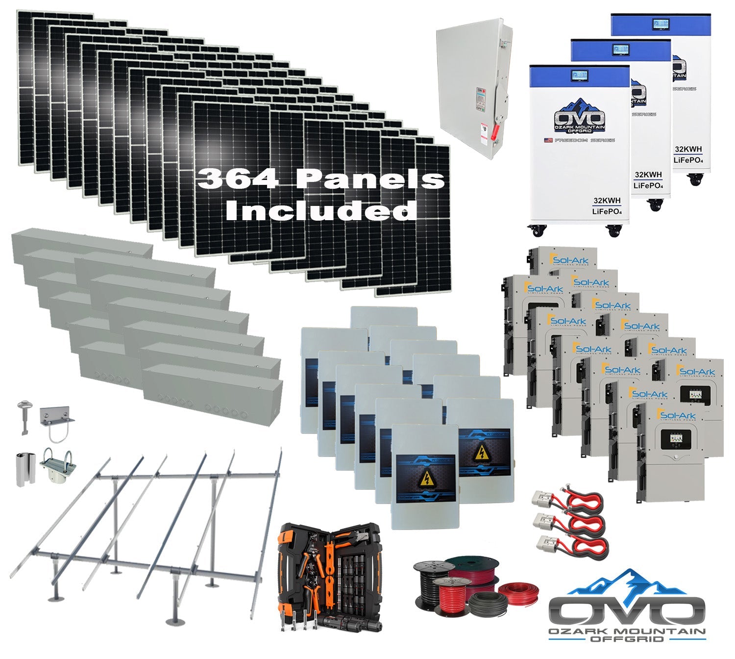 200KW Complete Offgrid Solar Kit + 12x 15K Sol-Ark Inverter + 3x 32kWh OMO 48V Freedom Series Lithium Battery +200.2KW Solar with Ground Mount and Wiring