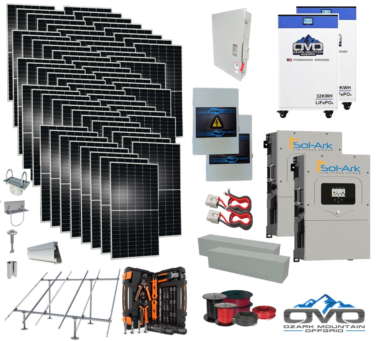 35KW Complete Offgrid Solar Kit + 2x 15K Sol-Ark Inverter + 2x 32kWh OMO 48V Freedom Series Lithium Battery +35.2KW Solar with Ground Mount and Wiring