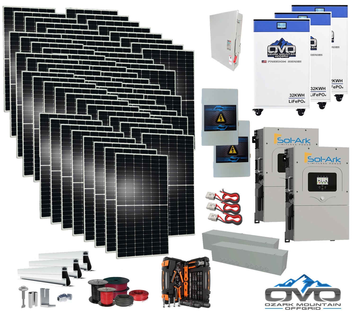 35KW Complete Offgrid Solar Kit + 2x 15K Sol-Ark Inverter + 3x 30KW Lithium Kong Battery +35.2KW Solar with Roof Mount and Wiring