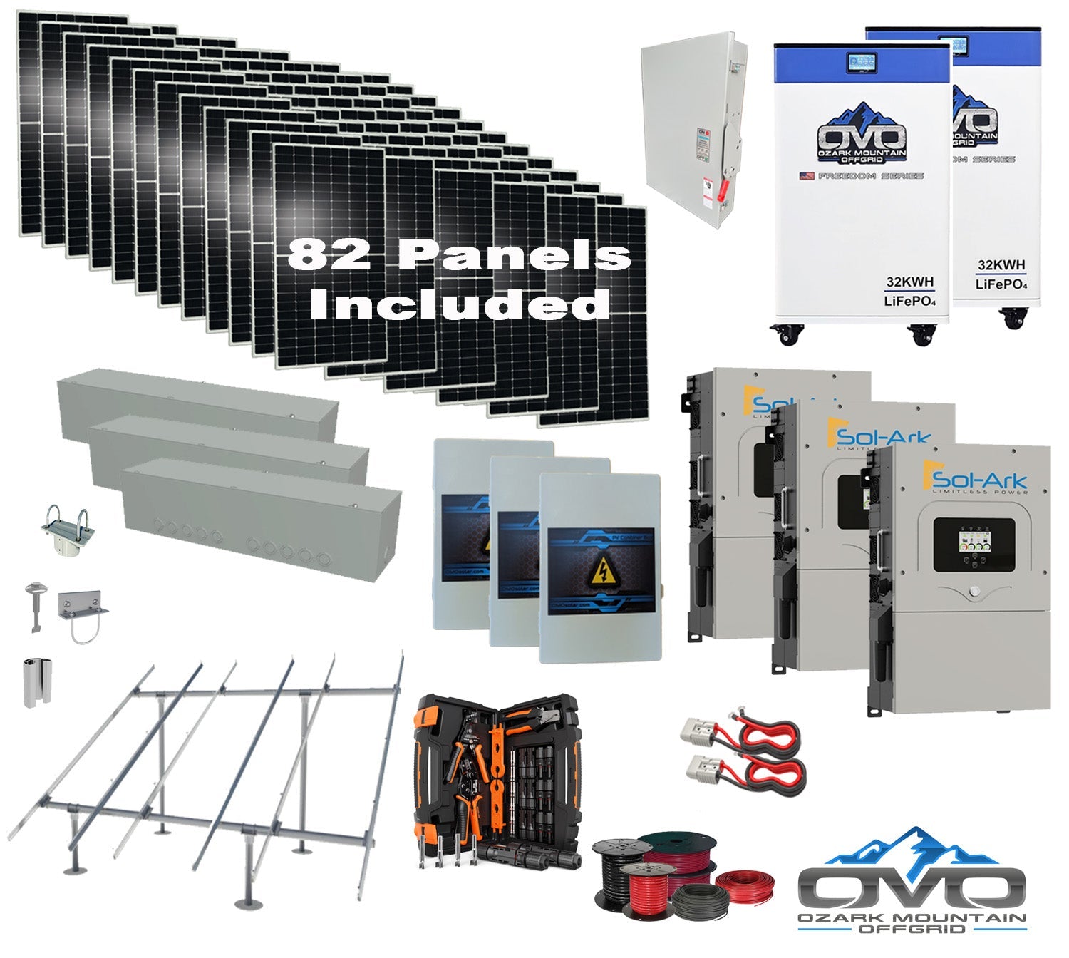 45KW Complete Offgrid Solar Kit + 3x 15K Sol-Ark Inverter + 2x 32kWh OMO 48V Freedom Series Lithium Battery +45.1KW Solar with Ground Mount and Wiring