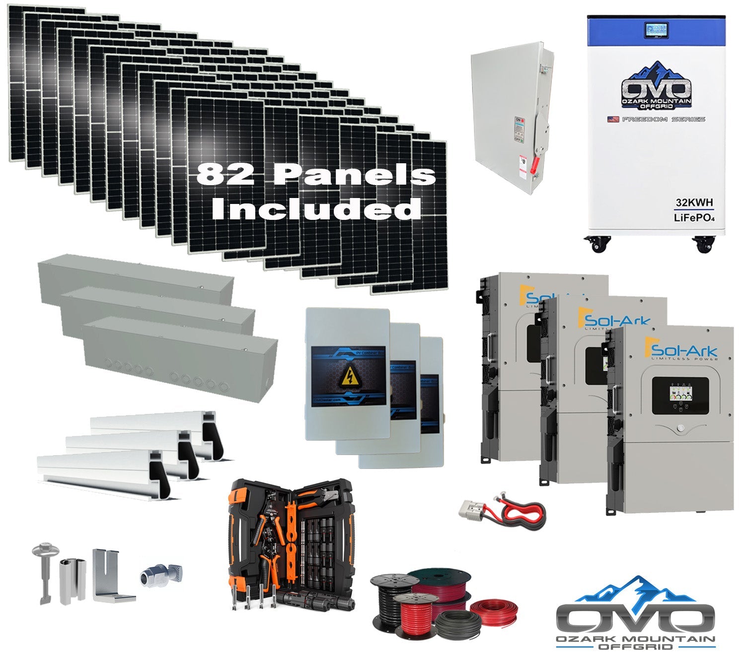 45KW Complete Offgrid Solar Kit + 3x 15K Sol-Ark Inverter + 32kWh OMO 48V Freedom Series Lithium Battery +45.1KW Solar with Roof Mount and Wiring