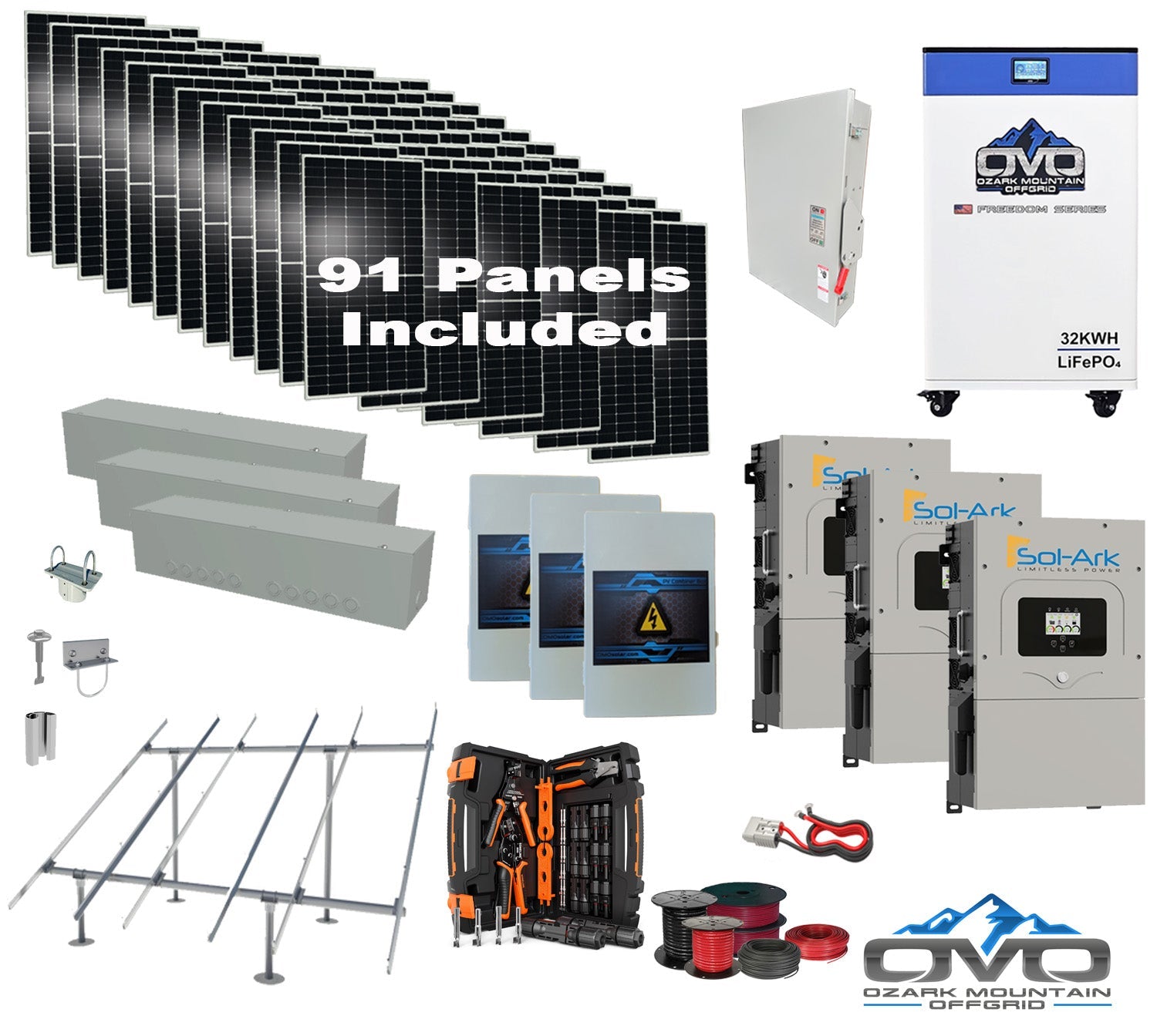 50KW Complete Offgrid Solar Kit + 3x 15K Sol-Ark Inverter + 32kWh OMO 48V Freedom Series Lithium Battery +50.05KW Solar with Ground Mount and Wiring