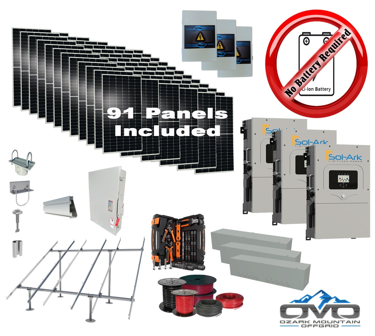 50KW Complete Offgrid Solar Kit + 3x 15K Sol-Ark Inverter +50.05KW Solar with Ground Mount and Wiring