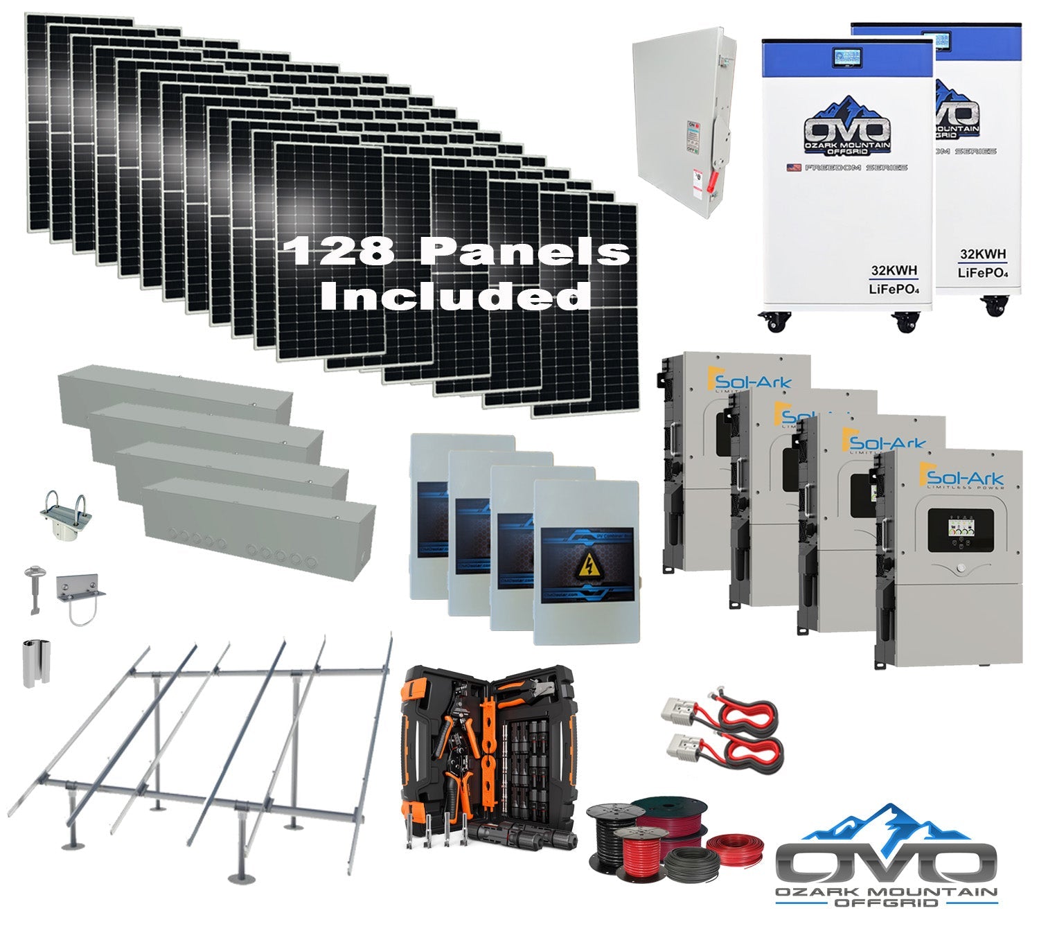 70KW Complete Offgrid Solar Kit + 4x 15K Sol-Ark Inverter + 2x 32kWh OMO 48V Freedom Series Lithium Battery +70.4KW Solar with Ground Mount and Wiring