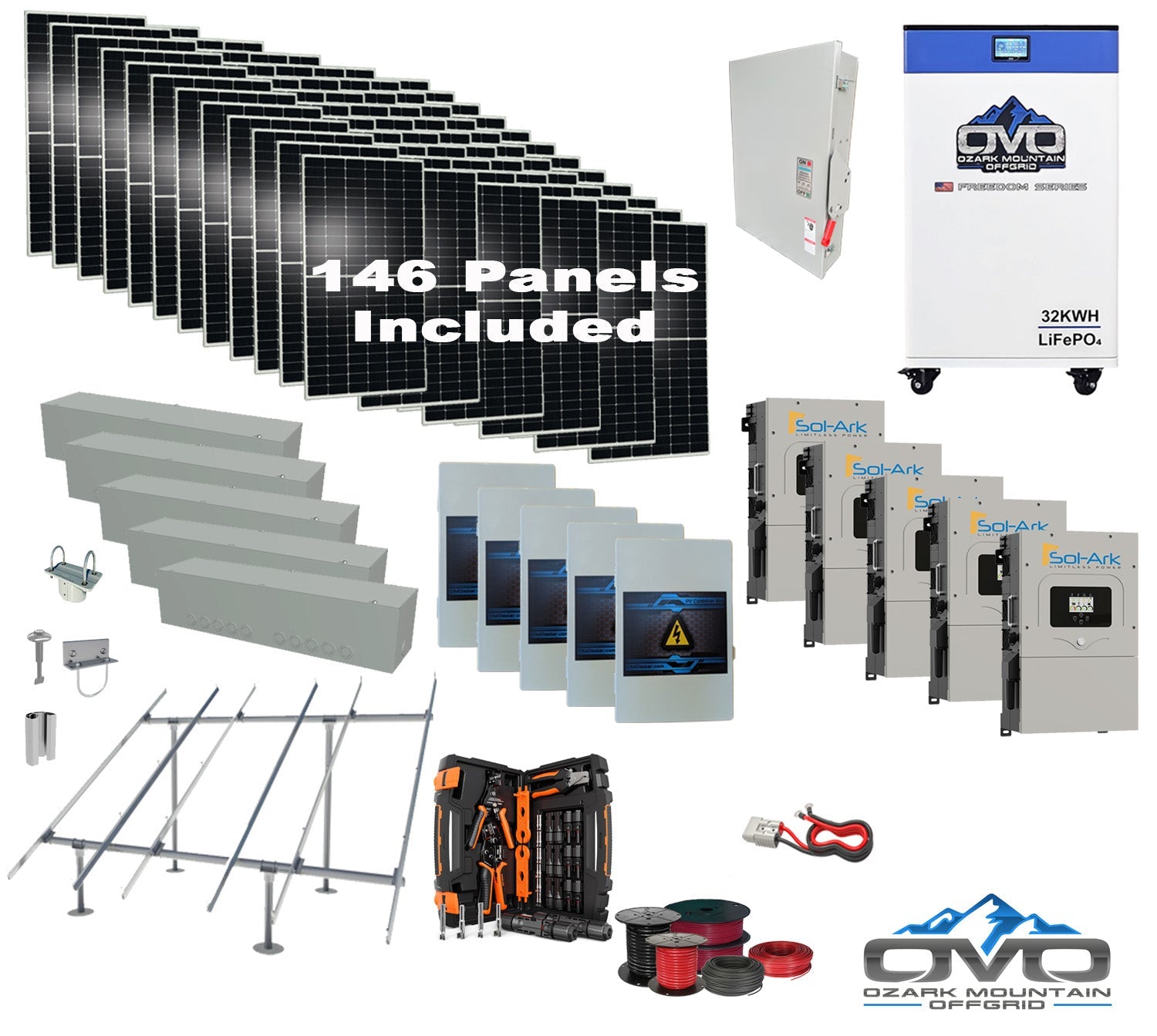 80KW Complete Offgrid Solar Kit + 5x 15K Sol-Ark Inverter + 32kWh OMO 48V Freedom Series Lithium Battery +80.3KW Solar with Ground Mount and Wiring