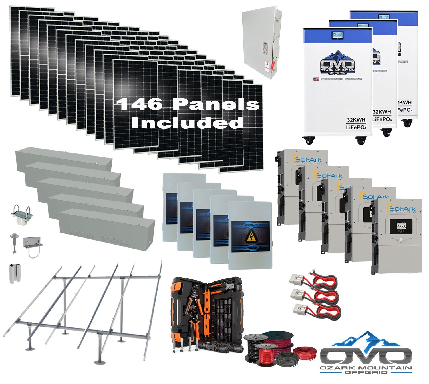 80KW Complete Offgrid Solar Kit + 5x 15K Sol-Ark Inverter + 3x 32kWh OMO 48V Freedom Series Lithium Battery +80.3KW Solar with Ground Mount and Wiring
