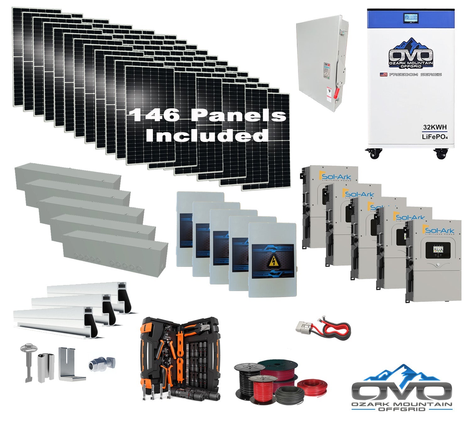 80KW Complete Offgrid Solar Kit + 5x 15K Sol-Ark Inverter + 32kWh OMO 48V Freedom Series Lithium Battery +80.3KW Solar with Roof Mount and Wiring
