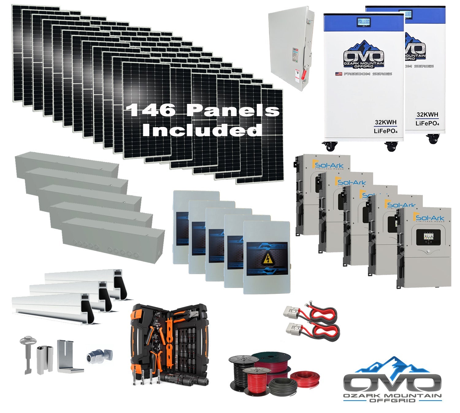 80KW Complete Offgrid Solar Kit + 5x 15K Sol-Ark Inverter + 2x 32kWh OMO 48V Freedom Series Lithium Battery +80.3KW Solar with Roof Mount and Wiring