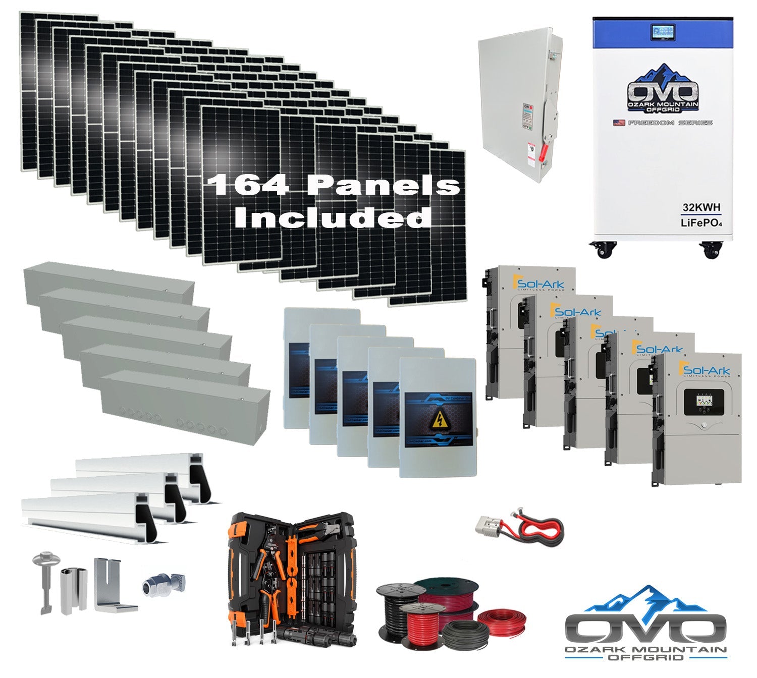 90KW Complete Offgrid Solar Kit + 5x 15K Sol-Ark Inverter + 32kWh OMO 48V Freedom Series Lithium Battery +90.2KW Solar with Roof Mount and Wiring