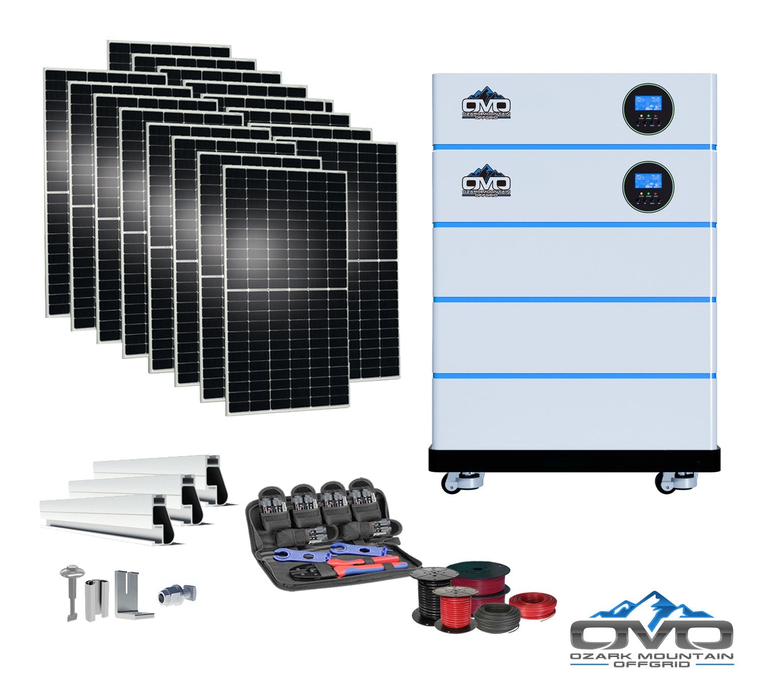 8KW OMO All-In-One Customizable Stacking Inverter/Battery System 120/240 11000W Total Inverter Output + 15.36K Lithium Battery + 8.8KW Solar Roof Mount