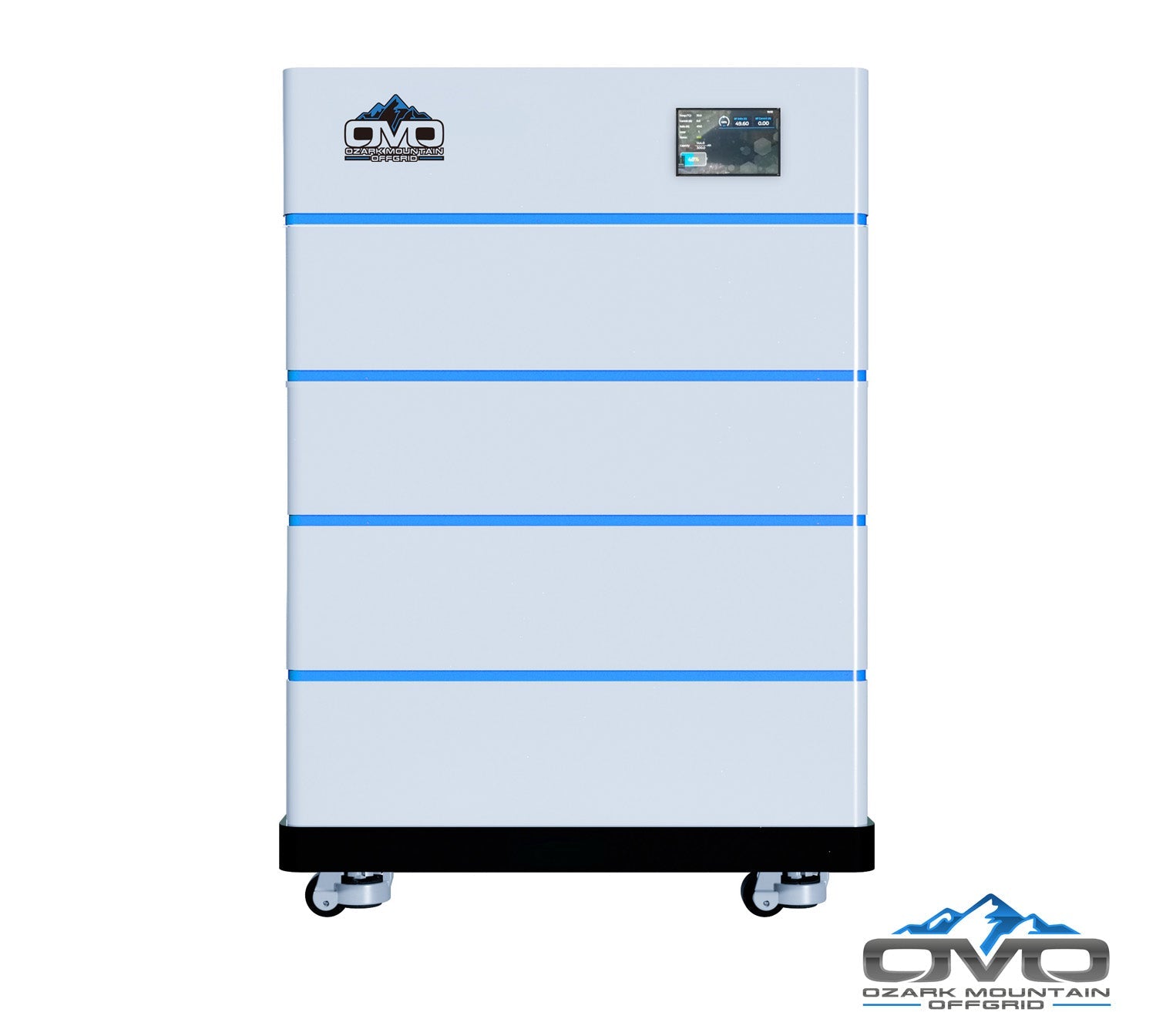 OMO Stackable 51.2V 20.48KW Heated LifePO4 Lithium Battery System - 4x 5.12KW Batteries + LCD Display Combiner + Wheeled Base