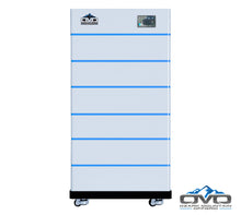 Load image into Gallery viewer, OMO Stackable 51.2V 30.72KW Heated LifePO4 Lithium Battery System - 6x 5.12KW Batteries + LCD Display Combiner + Wheeled Base