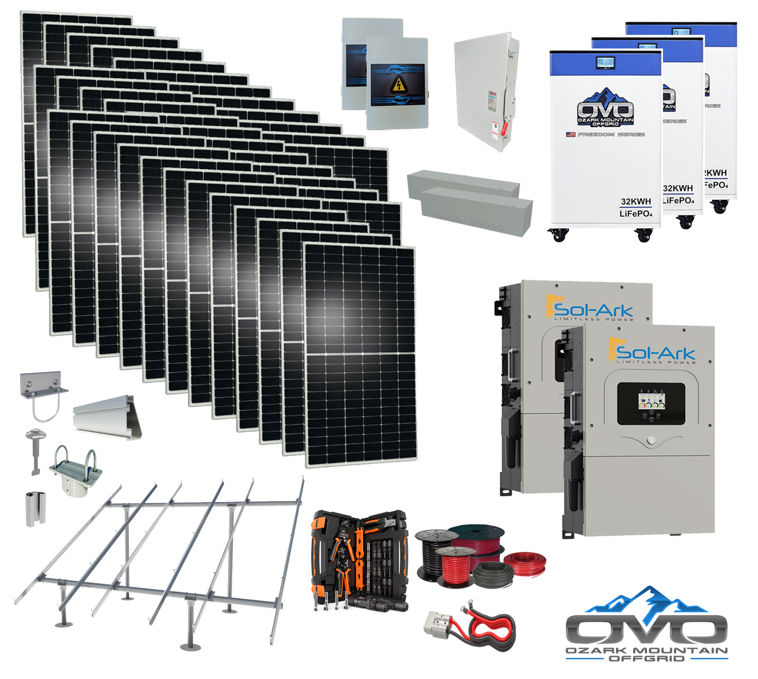 20KW Complete Offgrid Solar Kit - 3x 32kWh OMO 48V Freedom Series Lithium Battery + 2x 15K Sol-Ark Inverter +19.8KW Solar with Ground Mount and Wiring
